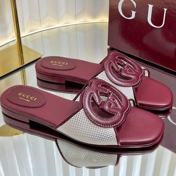 Gc 25 Interlocking G Slide Sandal Rosso Ancora Red Canvas Cowhide 294644