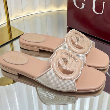 Gc 25 Interlocking G Slide Sandal Nude Canvas Cowhide 294646