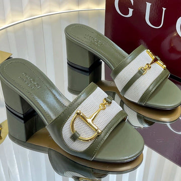 Gc 25 Horsebit GG 50MM Sandals Dark Green Canvas Sheepskin 294667