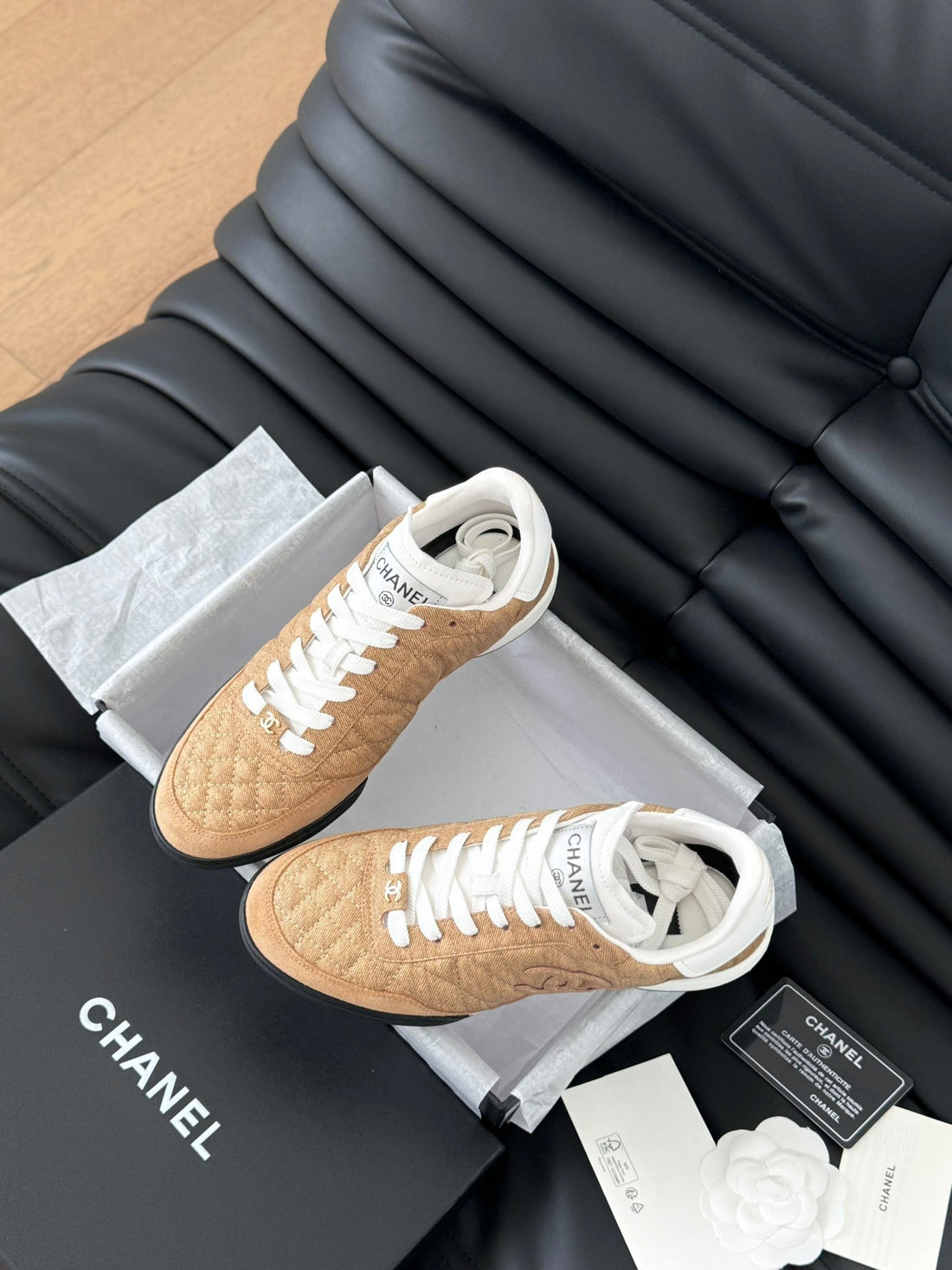 CC Sneaker In Peanut Brown Mix White Embroidered Lambskin