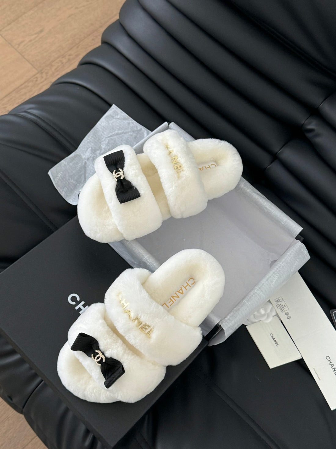 CC Dad Sandal Mule In White Fleece With Gold Hardware