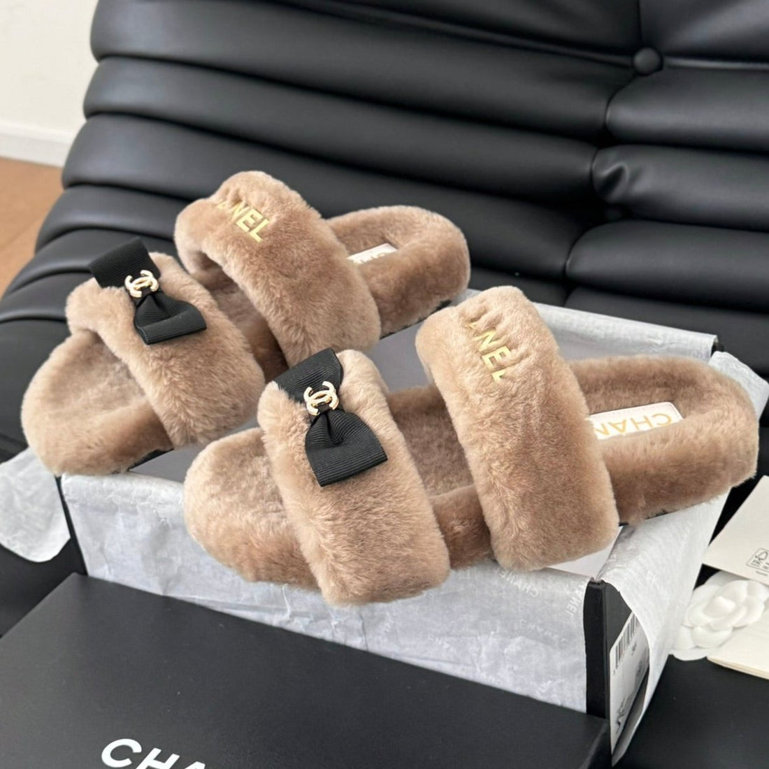 CC Dad Sandal Mule In Camel Brown Fleece With Gold Hardware