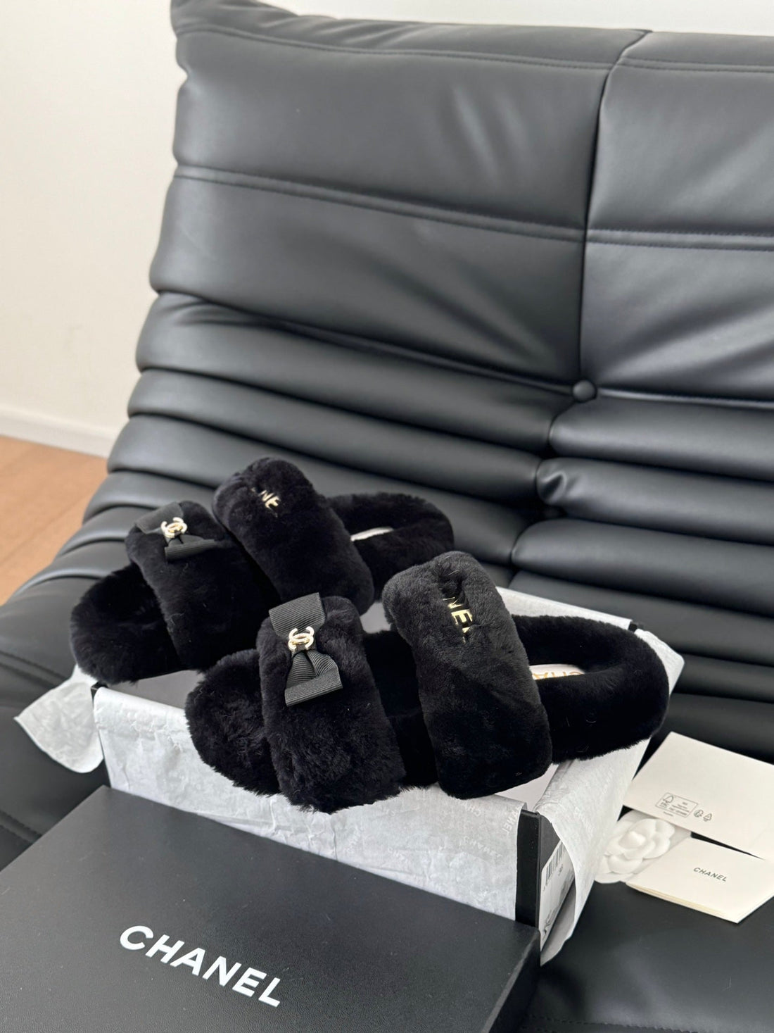 CC Dad Sandal Mule In Black Fleece With Gold Hardware