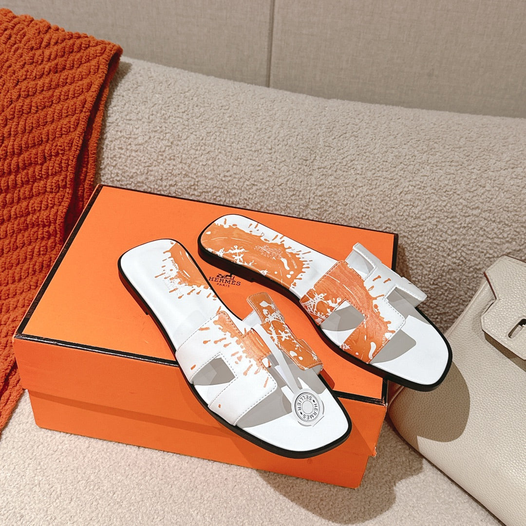 Hm 3D Oran Sandals White Orange Calfskin 243964