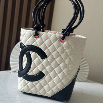 CC 25S Cambon Ligne Tote Bag 24CM In White Mix Black Calfskin