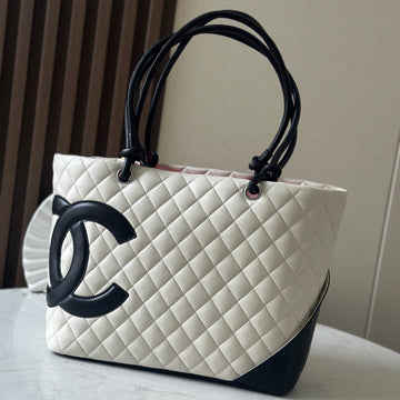 CC 25S Cambon Ligne Tote Bag 30CM In White Mix Black Calfskin