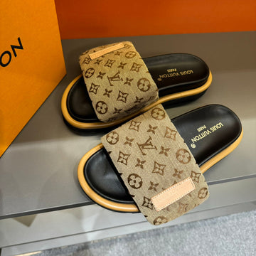 LV Velcro Slippers In Peanut Brown Monogram Jacquard