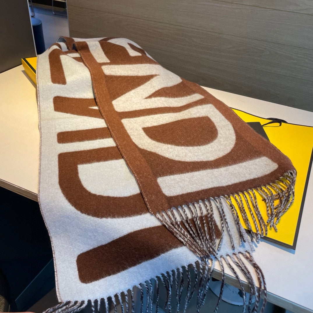 Ff 185 Cm Scarf In Camel Brown Mix Grey Cashmere And Wool