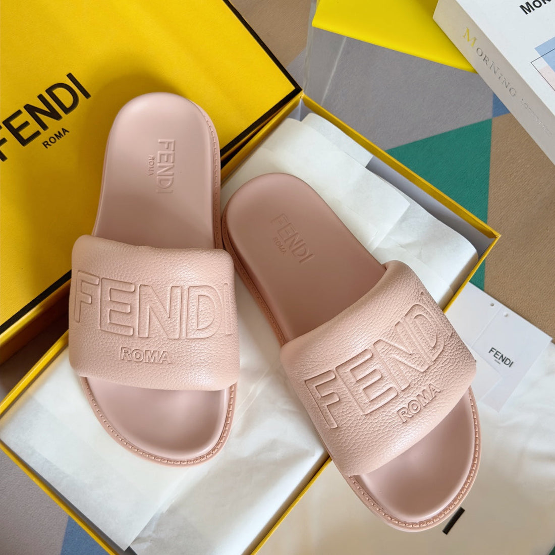Fendi Roma Slides In Pastel Pink Fussbett Lambskin