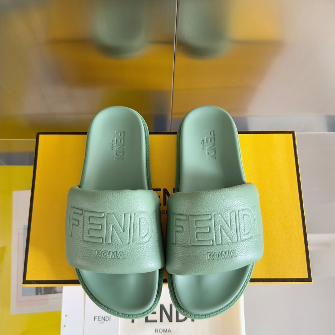 Fendi Roma Slides In Green Mint Fussbett Lambskin