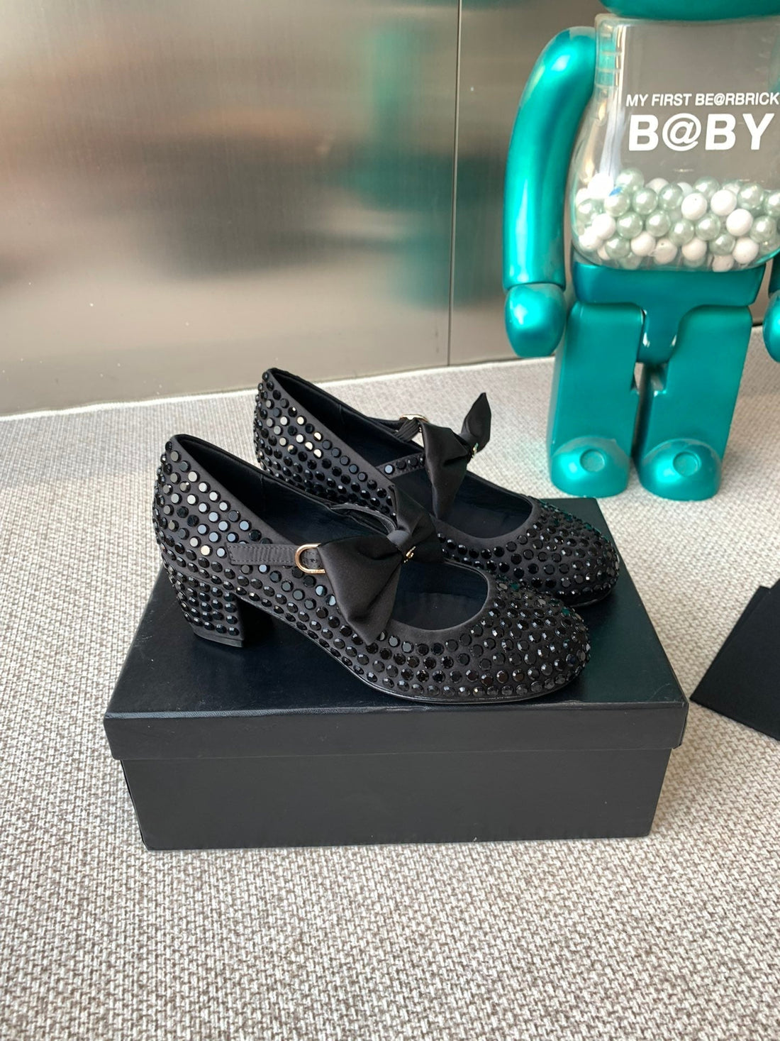 CC Mary Janes Shoes In Black Satin With Rhinestones