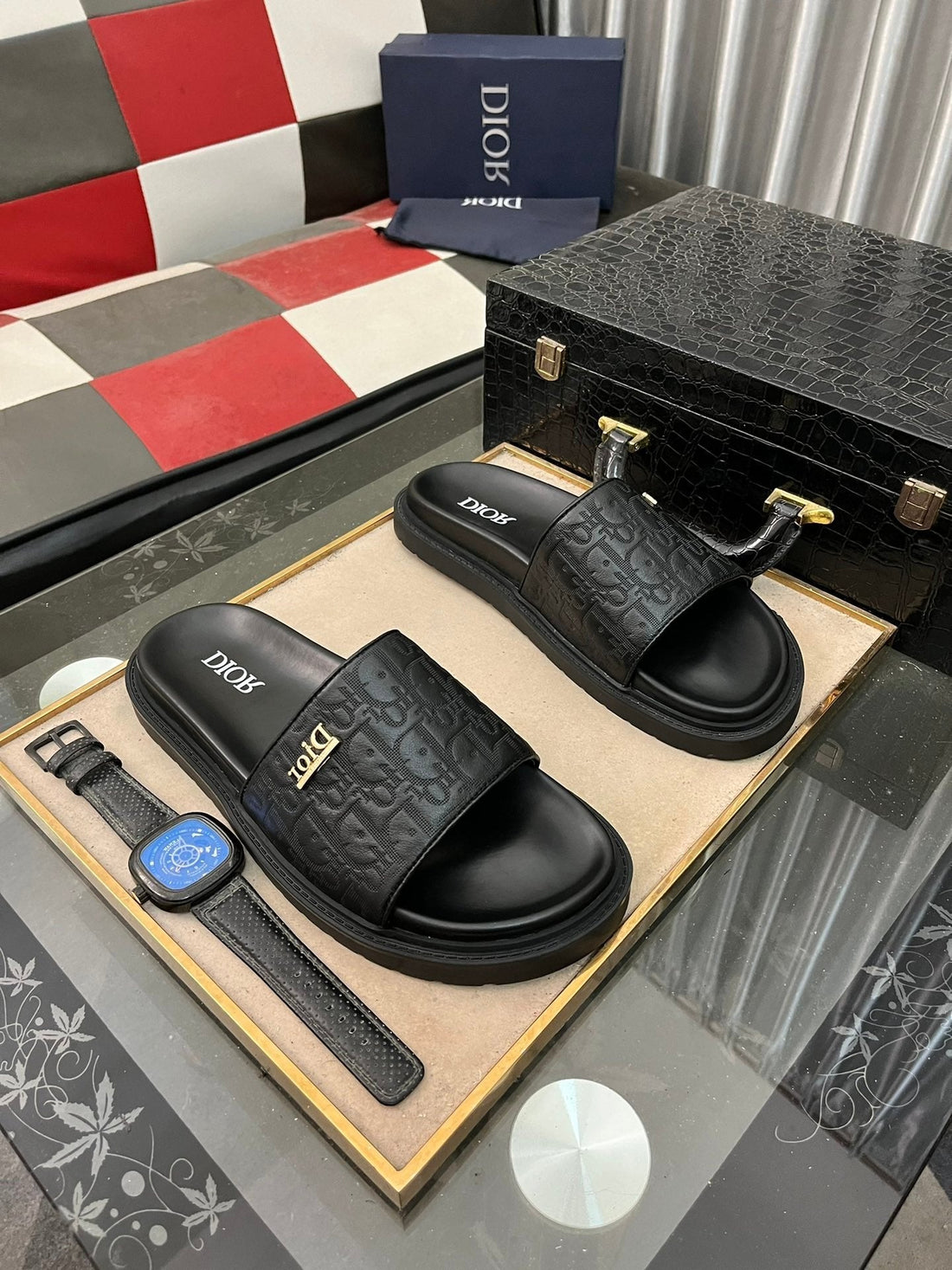 CD Aqua Slide Sandal Black Monogram Calfskin