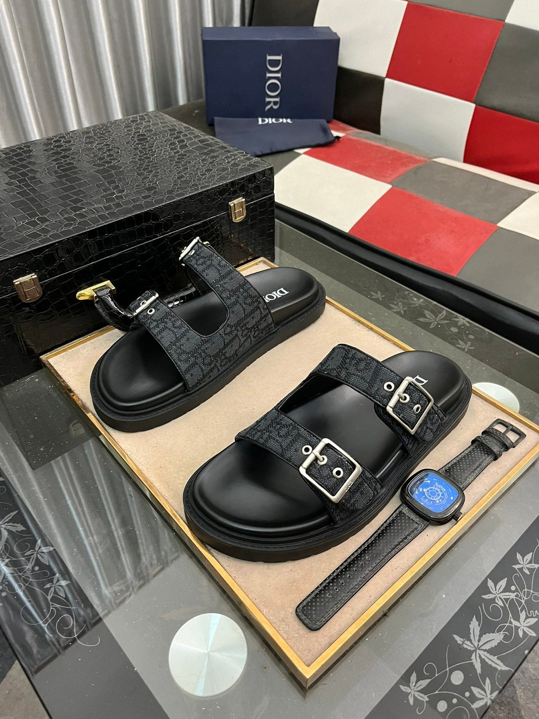 CD Aqua Buckle Sandal Black Jacquard