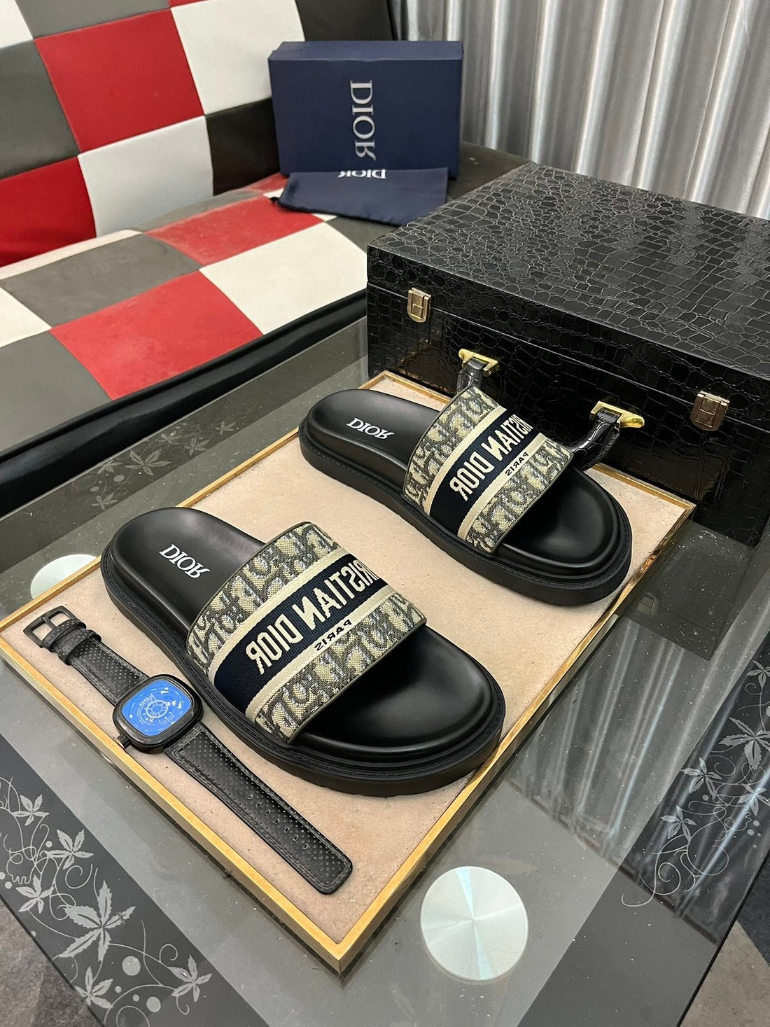 CD Slide Letter Slipper Black And Sage Calfskin