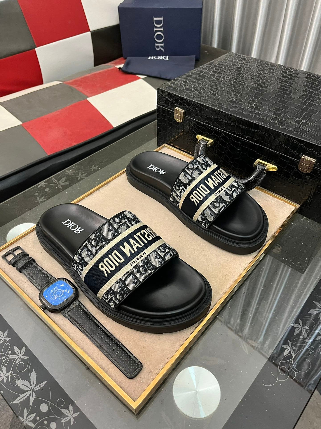 CD Slide Letter Slipper Black And Gray Calfskin