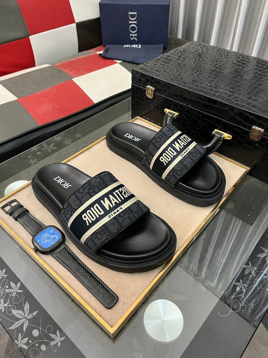 CD Slide Letter Slipper Black Calfskin