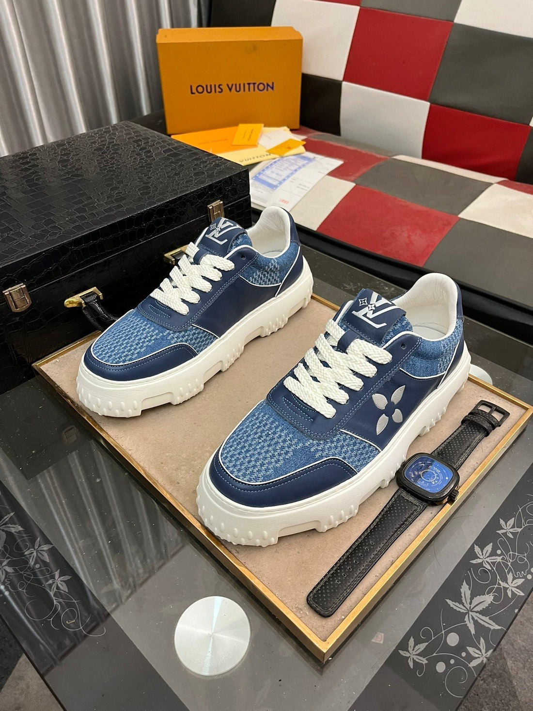 LV Sneaker In Navy Blue Monogram Calfskin And Denim