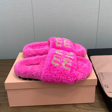 Miu Slippers Pink With Light Brown Lettering Pure Wool