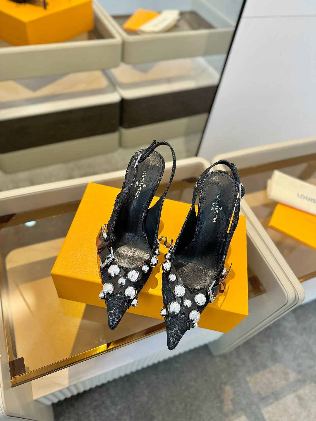 High Heels 95 Mm In Black Monogram Denim With Crystals