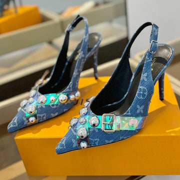 High Heels 95 Mm In Classic Blue Monogram Denim With Crystals