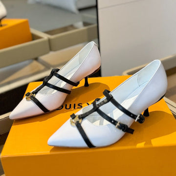High Pump 5 Cm Triple-Strap In White Calfskin With Black Strap