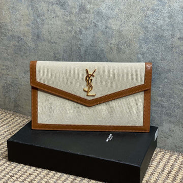 YSL 22S Uptown Pouch Clutch Bag Beige Brown Canvas Ghw