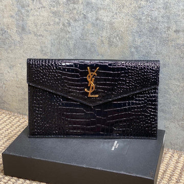 YSL 22S Uptown Pouch Clutch Bag Black Croc Embossed Leather Ghw