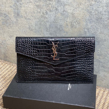 YSL 22S Uptown Pouch Clutch Bag Black Croc Embossed Leather Sliver Hw