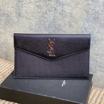 YSL 22S Uptown Pouch Clutch Bag Black Cowhide Sliver Hw