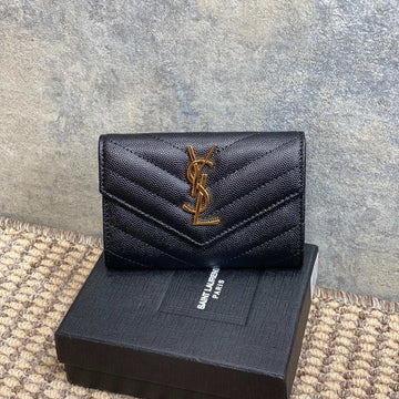 YSL Ghw Logo Monogram Card Flap Wallet 13.5cm Black Caviar Cowhide