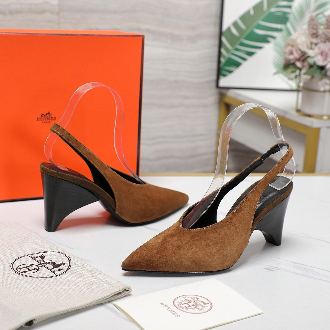 Hm Classic High-Heeled Slingback 70MM Brown Suede Sheepskin 547642