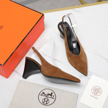 Hm Classic High-Heeled Slingback 70MM Brown Suede Sheepskin 547642