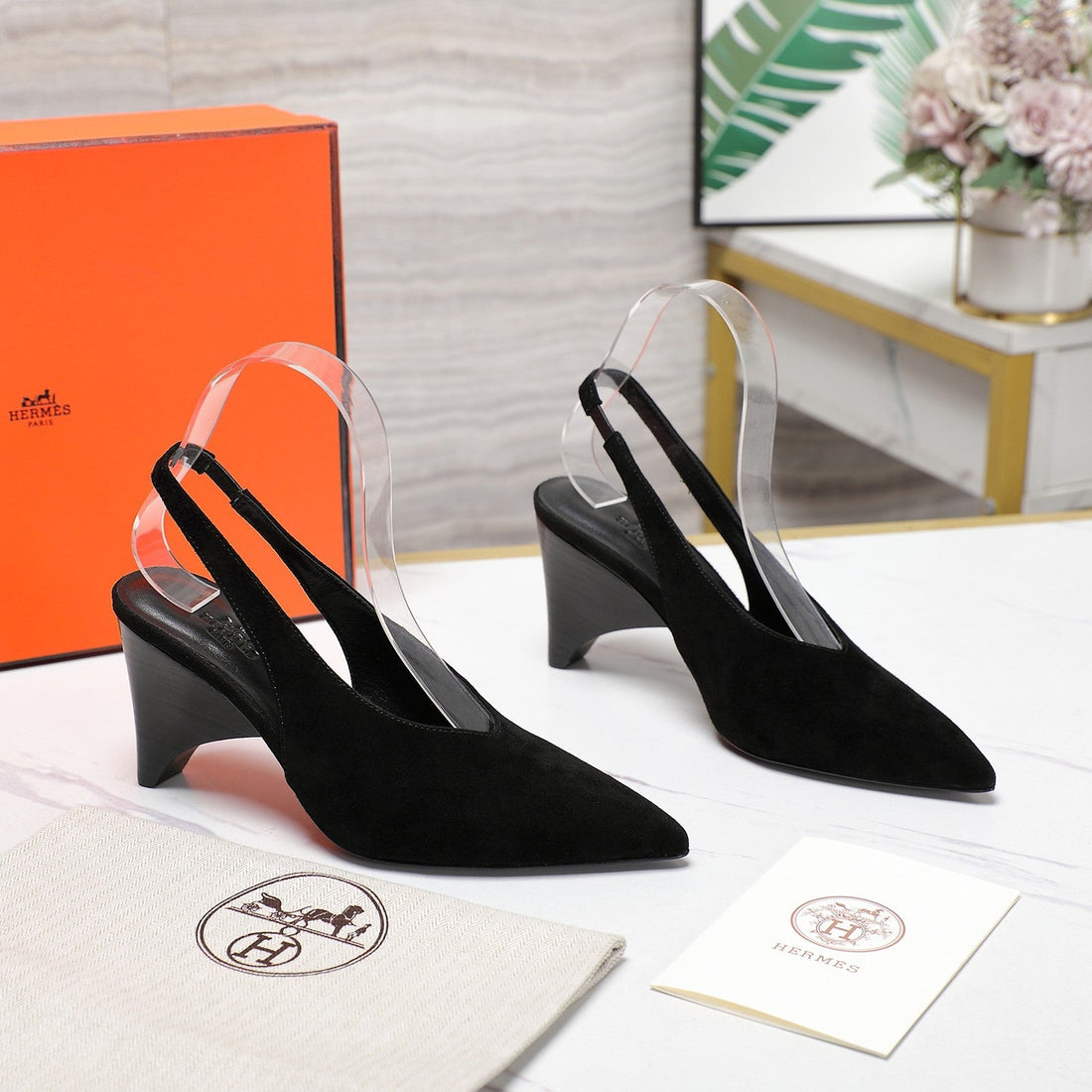 Hm Classic High-Heeled Slingback 70MM Black Suede Sheepskin 547643