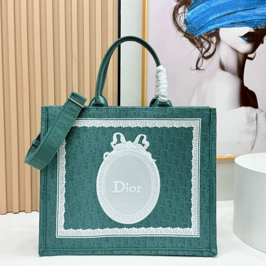 CD Dioramour Book Tote Teal Green Dior Oblique Embroidery With White Lace