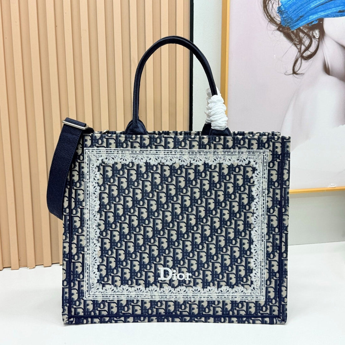 CD Book Tote Blue Dior Oblique Embroidery And White Lace