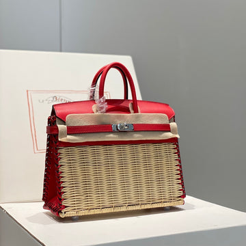 HM Birkin 25 Cm Picnic Red Bamboo And Rattan