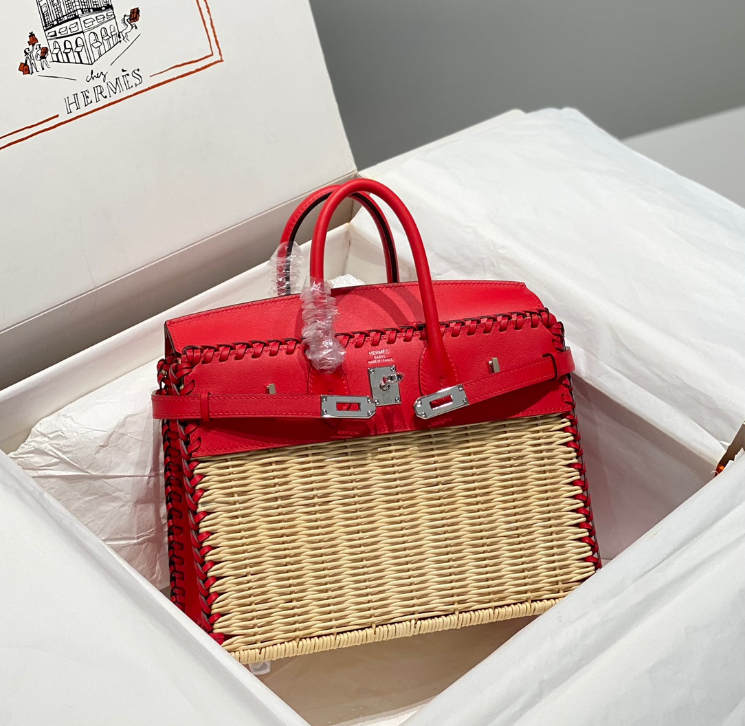 HM Birkin 25 Cm Picnic Red Bamboo And Rattan