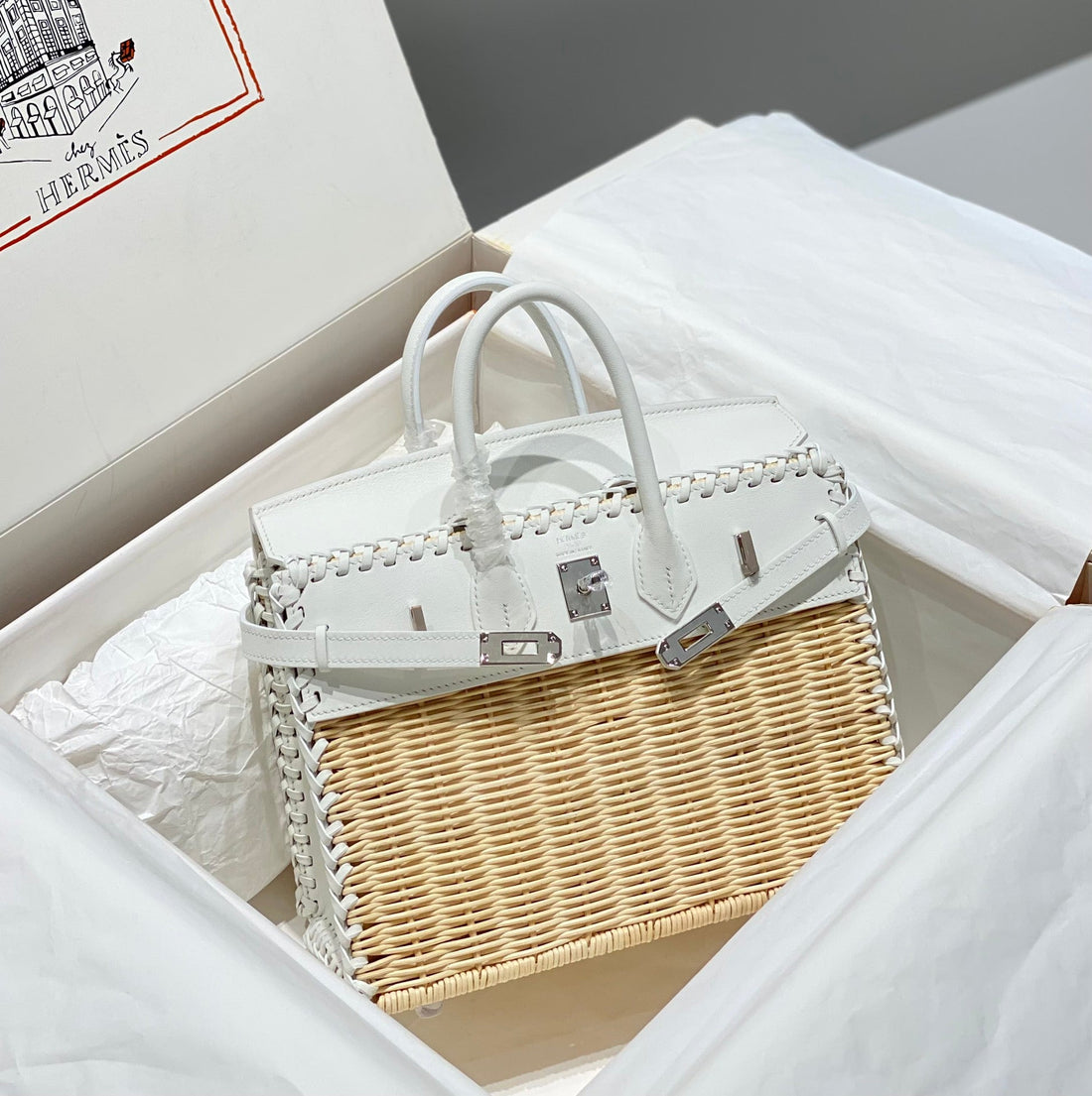 HM Birkin 25 Cm Picnic White Bamboo And Rattan