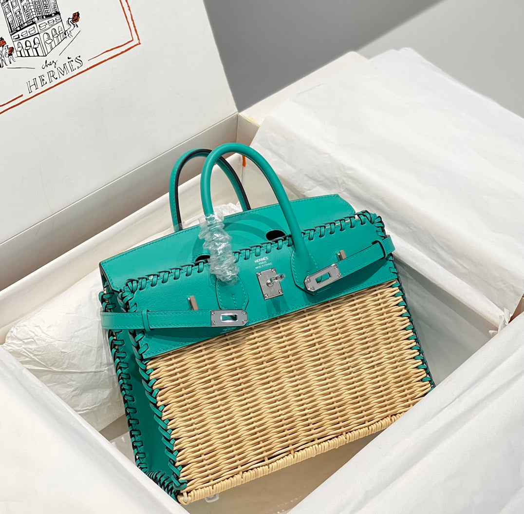 HM Birkin 25 Cm Picnic Turquoise Bamboo And Rattan