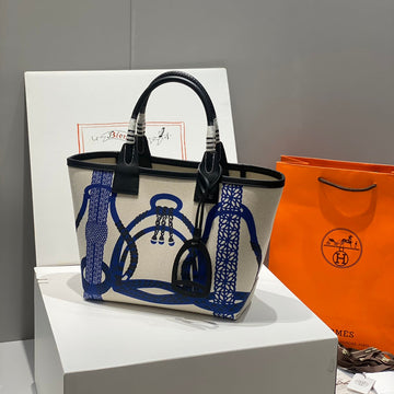 Steeple 28 Bag In Off-White Mix Blue Canvas And Black Calfskin
