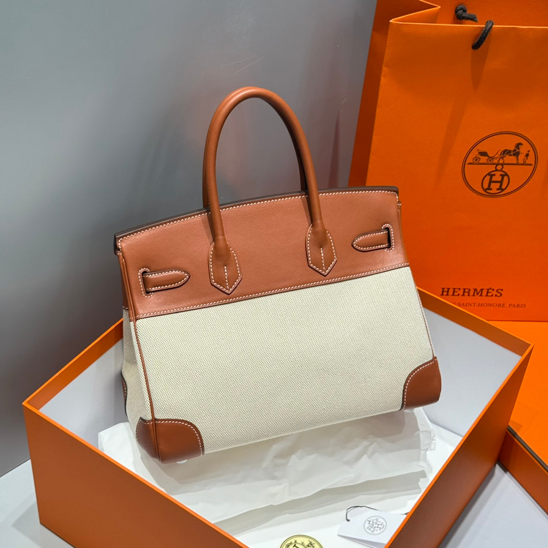 HM Birkin 35CM Gold Swift Leather Beige Canvas Silver Hardware