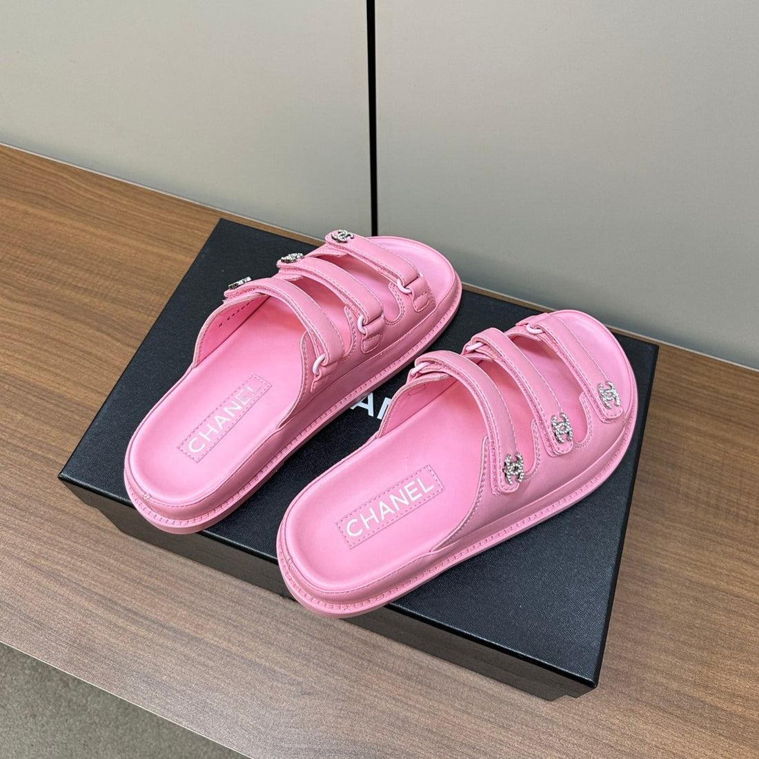 Dad Sandals Pink Triple Strap Lambskin Mules