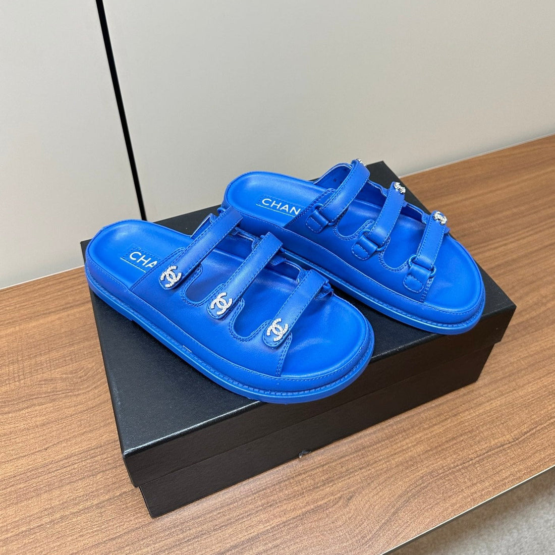 Dad Sandals Blue Triple Strap Lambskin Mules
