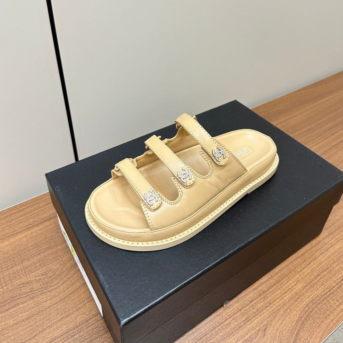 Dad Sandals Beige Triple Strap Lambskin Mules