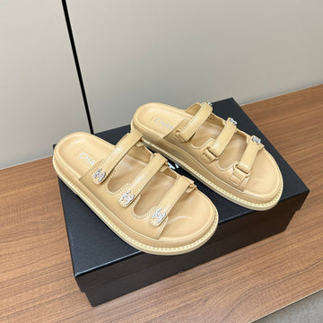 Dad Sandals Beige Triple Strap Lambskin Mules