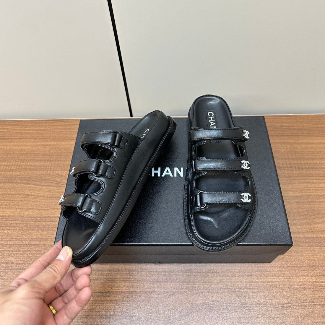 Dad Sandals Black Triple Strap Lambskin Mules