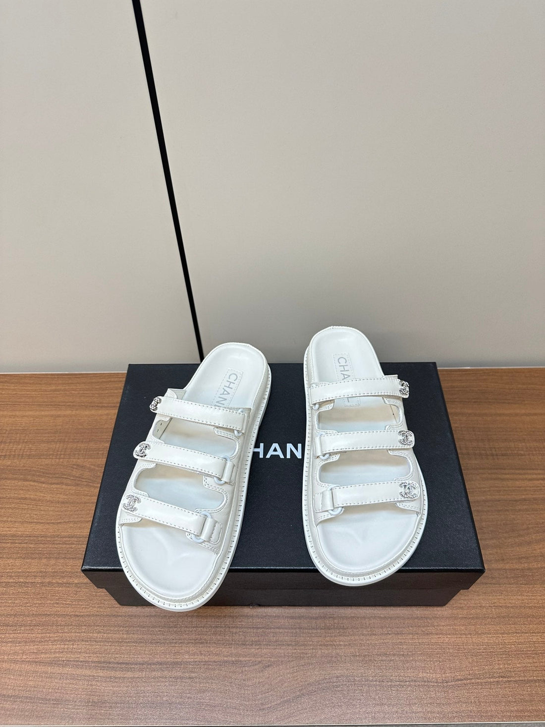 Dad Sandals White Triple Strap Lambskin Mules