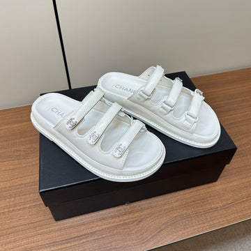 Dad Sandals White Triple Strap Lambskin Mules