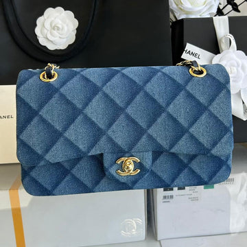 Medium Flap Bag 25 In Classic Blue Denim Gold Hardware