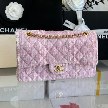 Medium Flap Bag 25 In Light Pink Tweed Gold Hardware